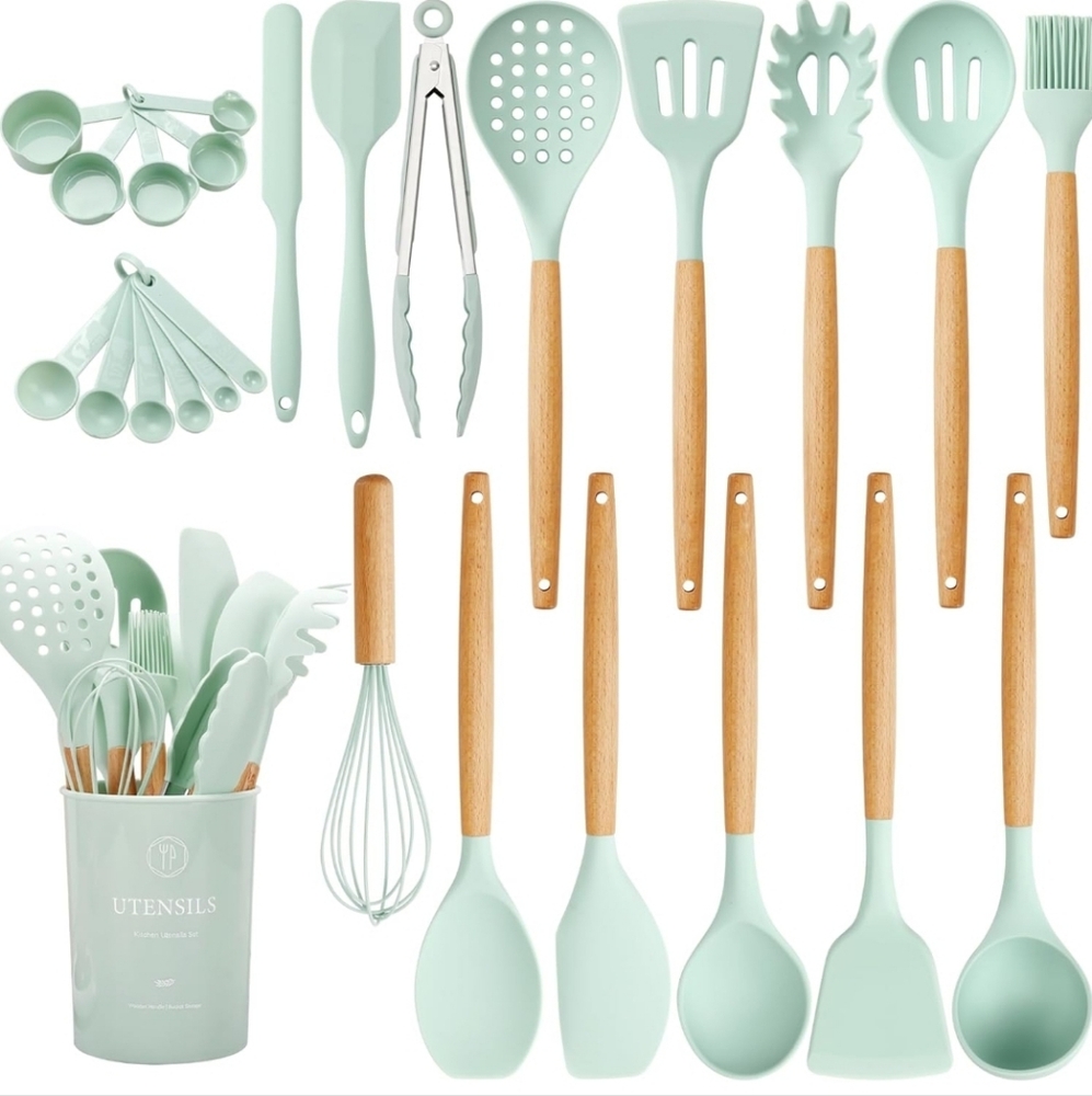 Silicone Kitchen Utensils Set, 26 pcs, Mint/Green - 12,67" L, 4,5" W, 4,5" H